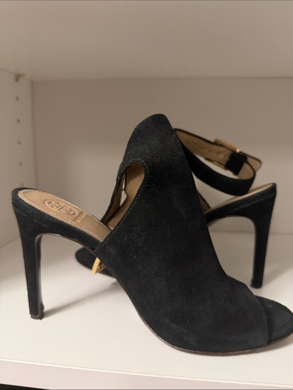 Tory Burch Black Suede Open-Peep Toe Heels